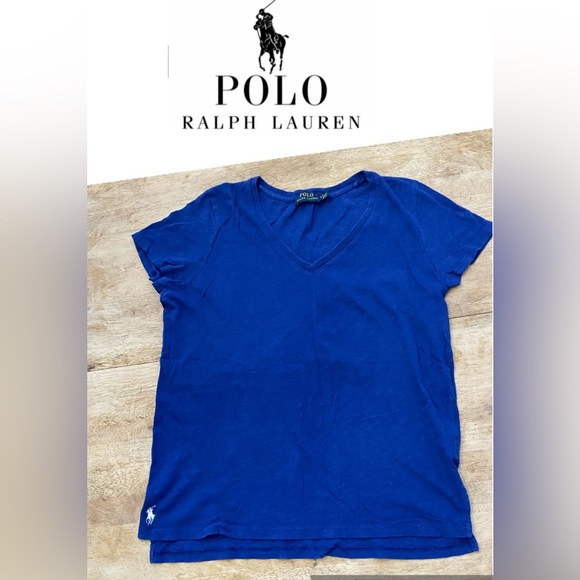 Polo by Ralph Lauren Women’s Size Medium Blue Cotton Jersey V‎ Neck Hi/Low Tee - Picture 1 of 12